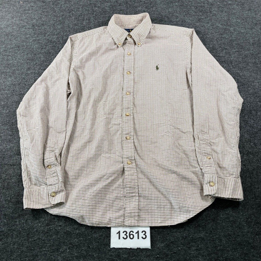 Ralph Lauren Shirt Mens Large Brown White Check Cotton Long Sleeve Button Down